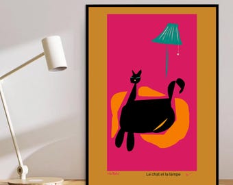 French cat and lamp, warm home atmosphere, French poster