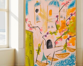 Küstenstadt Kunstdruck | Mixed Media Mittelmeer Küste (Digitaler Download)