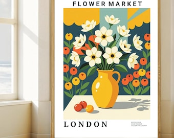 Flower Market London Poster – Vintage Floral Print, British Market Wall Art, Digital Download