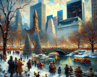Christmas in Central Park Print – Winter New York Oil Painting (Digital Download)
