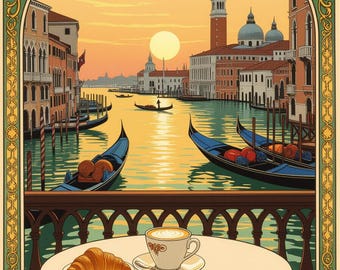 Venetian Breakfast View – Romantic Venice Poster, Canal Art Print, Italian Wall Art, Digital Download