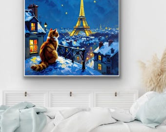 Christmas in Paris Print – Winter Roof Scene, Cat and Eiffel Tower (Digital Download)