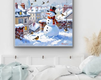 Christmas in Paris Print – Winter Roof Scene, Holiday Oil Painting (Digital Download)