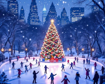 Christmas Central Park Poster | Kids Ice Skating | NYC Holiday Art Print | Digital Download