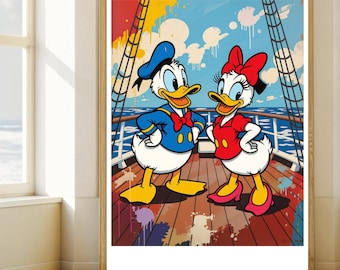 Donald Duck Couple Poster | Colorful Cartoon Wall Art | Retro Pop Art Print | Digital Download