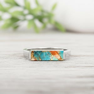 Sterling Silver Turquoise Spiny Oyster Bar Ring, Minimalist Gemstone Ring