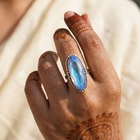 Handmade Angel Aura Quartz Ring, 925 Sterling Silver, Multi-Fire Gemstone