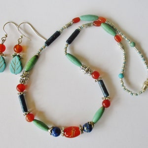 colorful necklace earring gemstone set with lapis, turquoise and fire agate