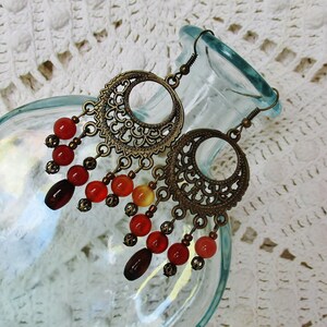 Bohemian bronze chandelier earrings, bronze fire agate chandelier earrings, earthtone hippie long gemstone earrings, gift for her, artisan