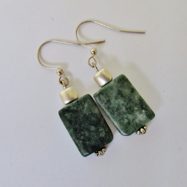 Raw natural pale green jasper bohemian hippie silver earrings, versatile casual handmade artisan jewelry to accent any casual outfit