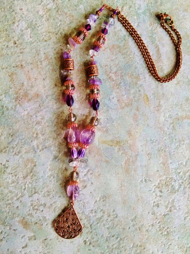 amethyst Copper amethyst necklace earring set copper rock crystal purple and gray glass necklace earring set