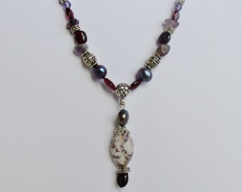 Artisan beaded necklace with garnet and amethyst, purple burgundy pendant necklace, gemstone necklace, mother's day gift, unique jewelry