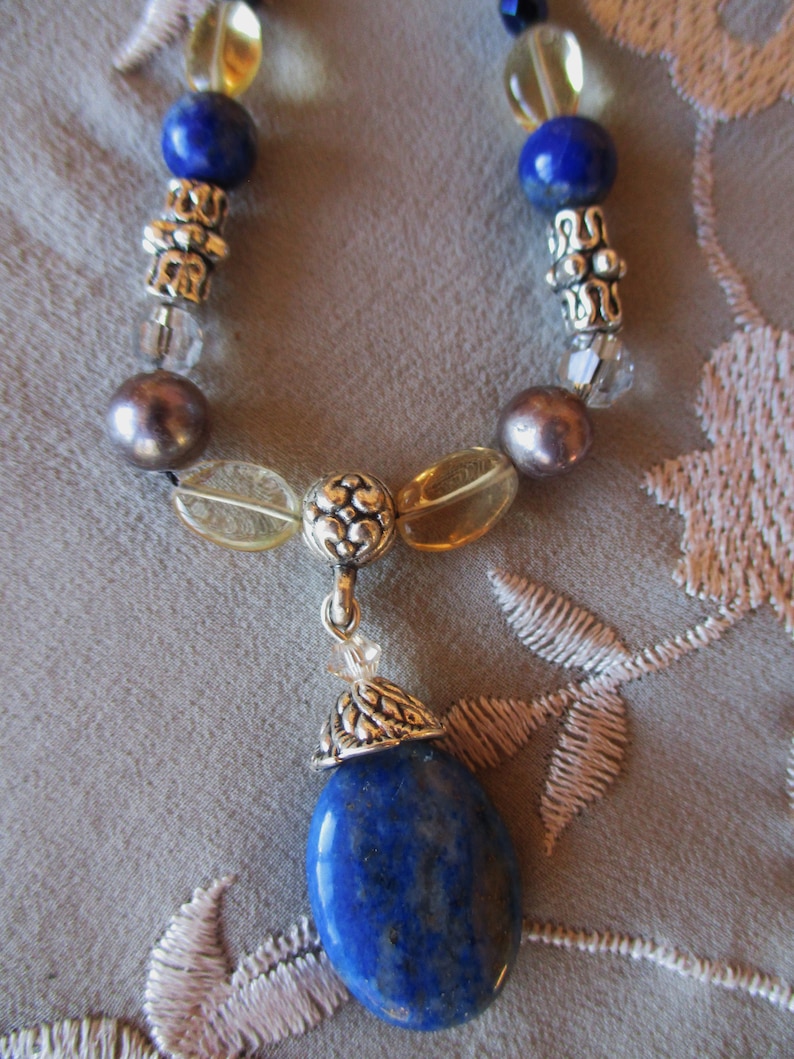 crystal and pearl Lapis citrine necklace earring set with silver
