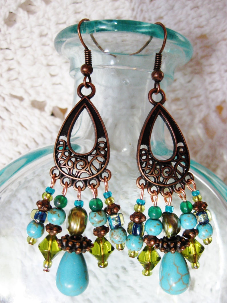 Bohemian Copper Turquoise Earrings, Copper Turquoise Olive Green, Pearl ...