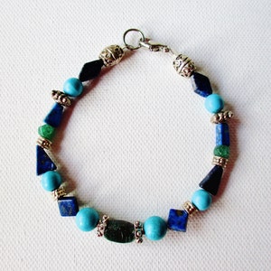 Turquoise gemstone bracelet, turquoise, lapis, silver, emerald bracelet, unique artisan jewelry, mothers day gift, gift for her, gemstone