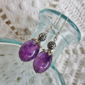 Amethyst silver drop earrings, purple crystal gemstone earrings, February birthstone jewelry, mother&#39;s day gift, purple artisan jewelry