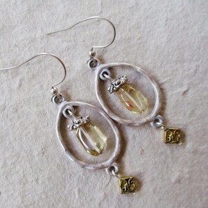 Handmade Brushed Silver Hoop Earrings, Citrine Bohemian Jewelry