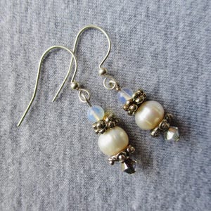 Classic small dainty white freshwater Pearl silver drop earrings perfect unique handmade artisan jewelry gift for her for everyday or dressy