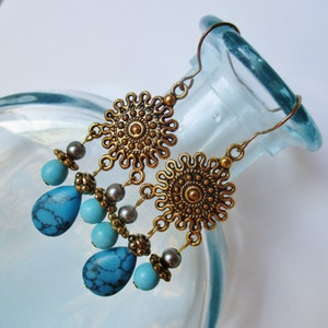 Gold sun turquoise chandelier earrings, bohemian earrings, celestial jewelry, southwest earrings, December birthstone, teal gold earrings