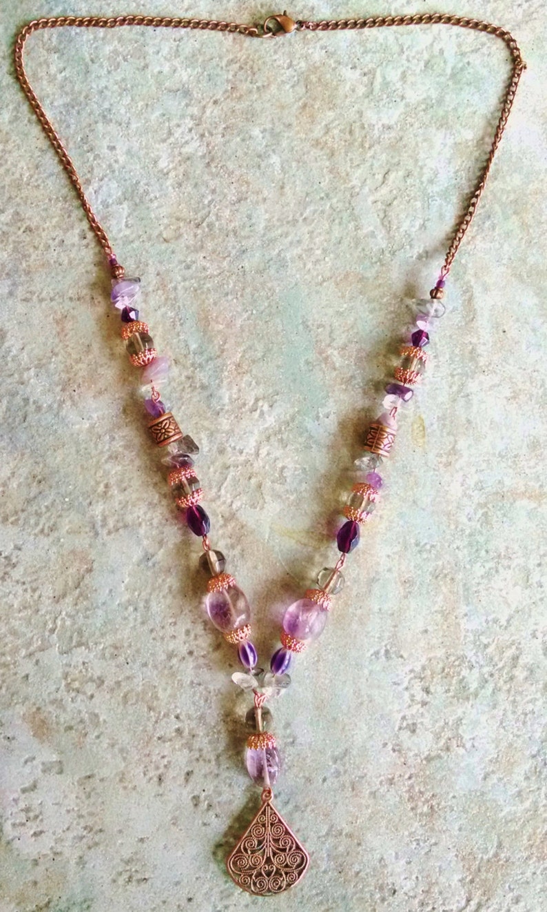amethyst Copper amethyst necklace earring set copper rock crystal purple and gray glass necklace earring set
