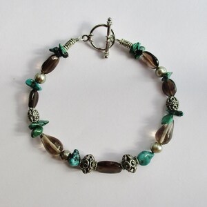 Beaded bracelet with turquoise, pewter, freshwater pearl and smoky quartz, December birthsone, muti gemstone bohemian handmade artisan