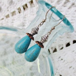 Bohemian Turquoise Teardrop Earrings: Silver & Copper, Artisan Jewelry