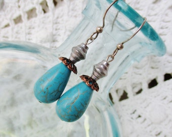 Bohemian Turquoise teardrop earrings with silver and copper, mothers day gift, southwest earrings, artisan handcrafted, unique gift