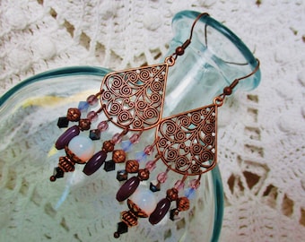 Copper opal chandelier earrings, bohemian statement earrings, purple long hippie earrings, artisan handmade earrings, unique jewelry gift