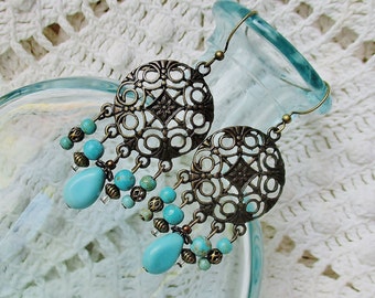 Bronze turquoise chandelier earrings, bohemian turquoise jewelry, handmade artisan southwest long statement earrings, unique gift for her