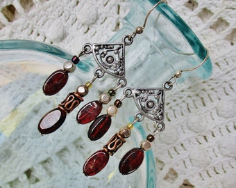 Garnet silver chandelier earrings with copper, rustic gemstone long artisan earrings, gift for her, unique handmade jewelry gift