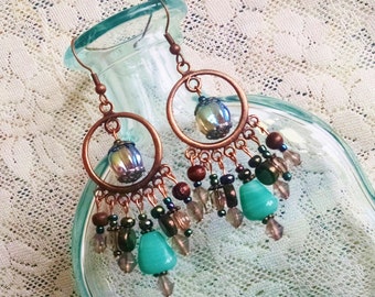 Turquoise chandelier earrings, Bohemian copper chandelier earrings with turquoise, hematite, and champagne glass