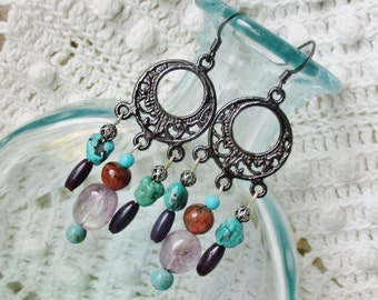Colorful gemstone chandelier earrings, gunmetal amethyst, turquoise jasper earrings, artisan handmade jewelry, mother's day gift, unique
