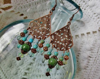 copper jade bohemian chandelier earrings, boho rustic hippie long statement earrings, mother's day gift, gift for her, green copper jewelry