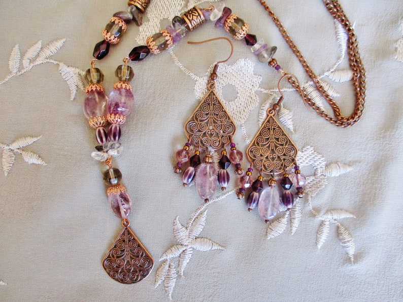amethyst Copper amethyst necklace earring set copper rock crystal purple and gray glass necklace earring set