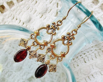 Gold chandelier garnet earrings, gemstone earrings, garnet jewelry, unique jewelry gift, gift for her, bohemian vintage style jewelry