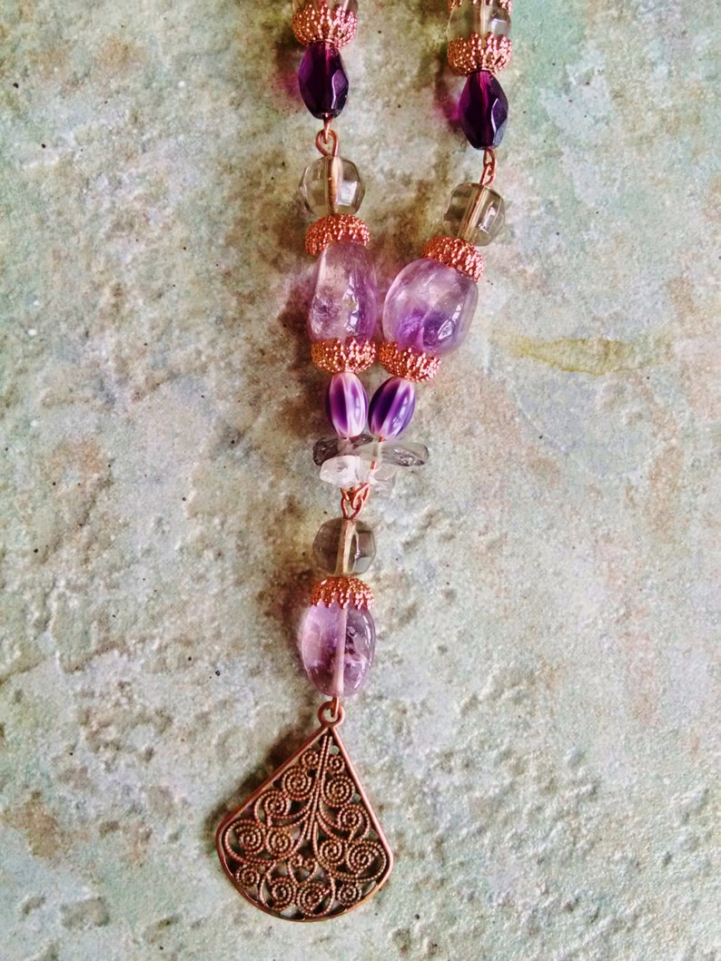 amethyst Copper amethyst necklace earring set copper rock crystal purple and gray glass necklace earring set