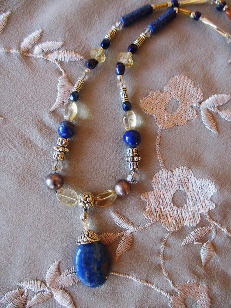 crystal and pearl Lapis citrine necklace earring set with silver