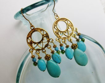 Bohemian gold turquoise chandelier earrings, artisan long dangle earrings, teal gold jewelry, gift for her, boho gemstone jewelry, southwest