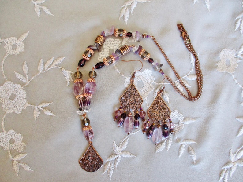 amethyst Copper amethyst necklace earring set copper rock crystal purple and gray glass necklace earring set
