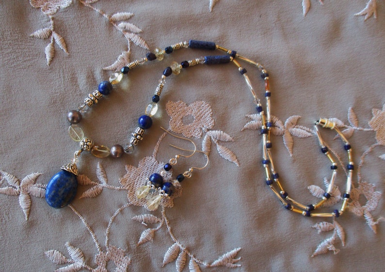 crystal and pearl Lapis citrine necklace earring set with silver
