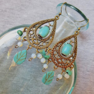 Handmade Bronze Chandelier Earrings: Turquoise Opal Boho Statement