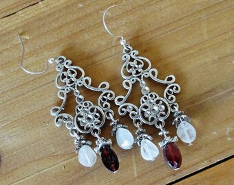 Garnet moonstone chandelier earrings, Long bohemian Hippie silver dangle earrings , Mother's day gift, birthday present women, artisan