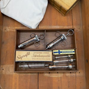 Vintage Medical Syringe Set (6 pieces) | Glass & Metal | Jena Glas, Suprafit, Ultra-Asept, Inaltera | Apothecary Collector's Rarity