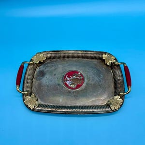 Mid Century Tray Silver Metal with Red Bakelite Handles & Peacock Enamel, Vintage Serving Tray 1950s 1960s