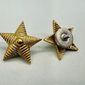 May include: Two gold-colored star-shaped pins. Each pin has a textured surface with a central raised circle. One pin shows the front, the other the back with a metal fastener. The stars are on a light blue background.