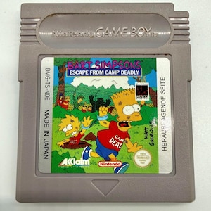 May include: A gray Nintendo Game Boy cartridge featuring the game "Bart Simpson's Escape from Camp Deadly." The label shows Bart Simpson in a red shirt with the text "Camp Dead." The cartridge is marked "Made in Japan."