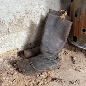 Antique wooden boots with leather cover – handmade farmer&#39;s boots / work boots around 1900 – rustic decoration & collectible