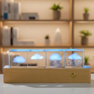 May include: A weather forecast display featuring four clear glass cubes with illuminated cloud designs representing different weather conditions. The cubes sit on a light wood base with a gold-colored button.