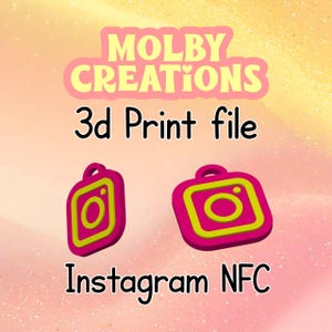 May include: Pink and yellow 3D print file featuring two Instagram NFC icons. The icons are pink with a yellow outline and a yellow camera lens. The text "MOLBY CREATIONS" and "3d Print file" are at the top, and "Instagram NFC" is at the bottom.