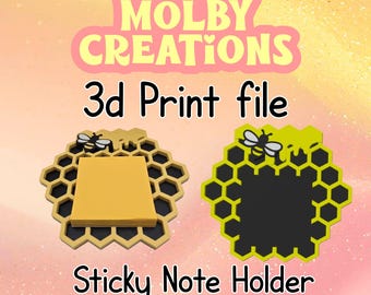 May include: Two 3D-printed sticky note holders in a honeycomb design. One holder has a stack of yellow sticky notes, and the other has a black interior. Both have a bee graphic. The text "MOLBY CREATIONS" and "3d Print file" are at the top, and "Sticky Note Holder" is at the bottom.